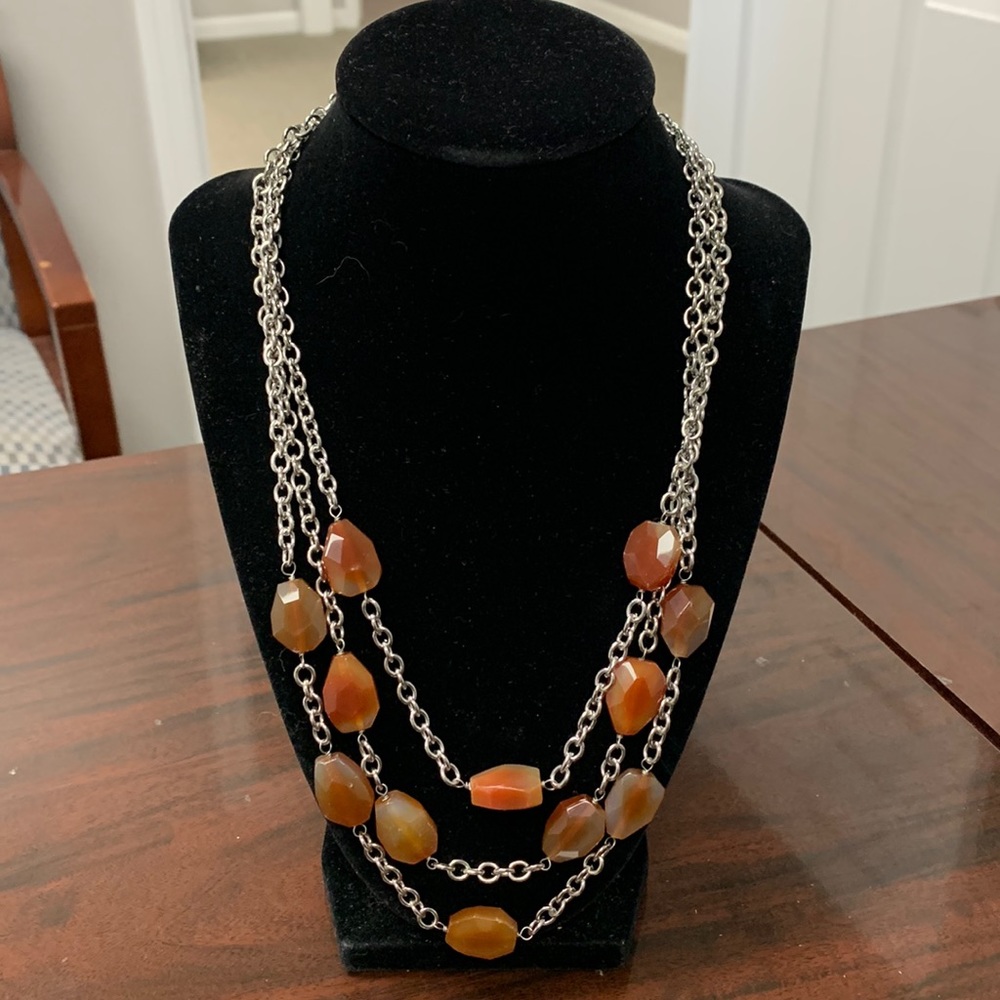 GENUINE RED/ORANGE AVENTURINE STEEL TRIPLE STRAND NECKLACE